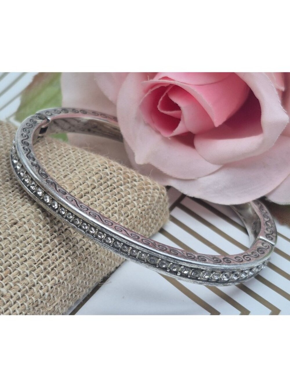 Brighton Secret of Love Hinged Bangle Bracelet Silver Plated Crystals & Etching